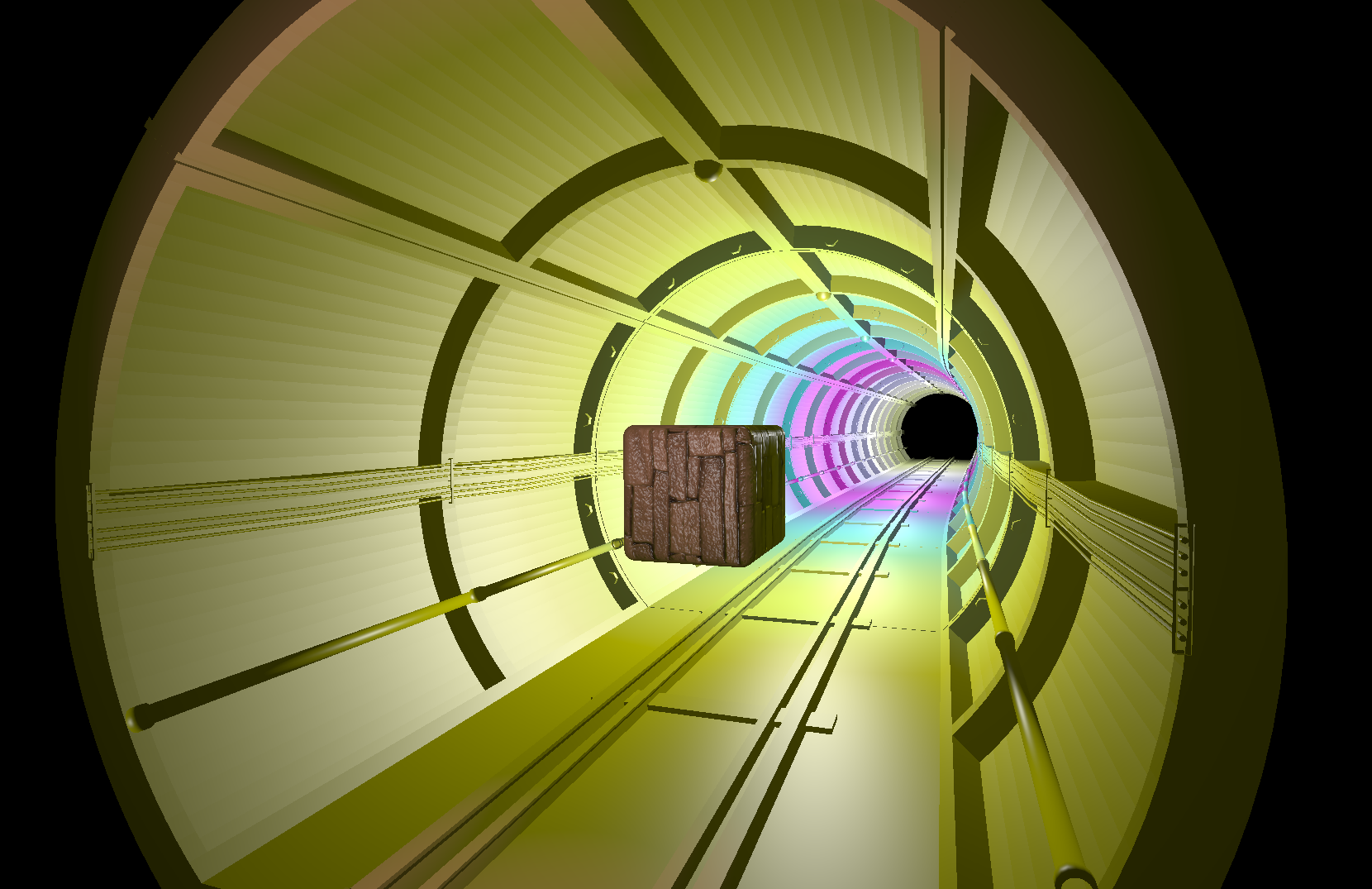 multiple point lights around a normal mapped cube in a train tunnel